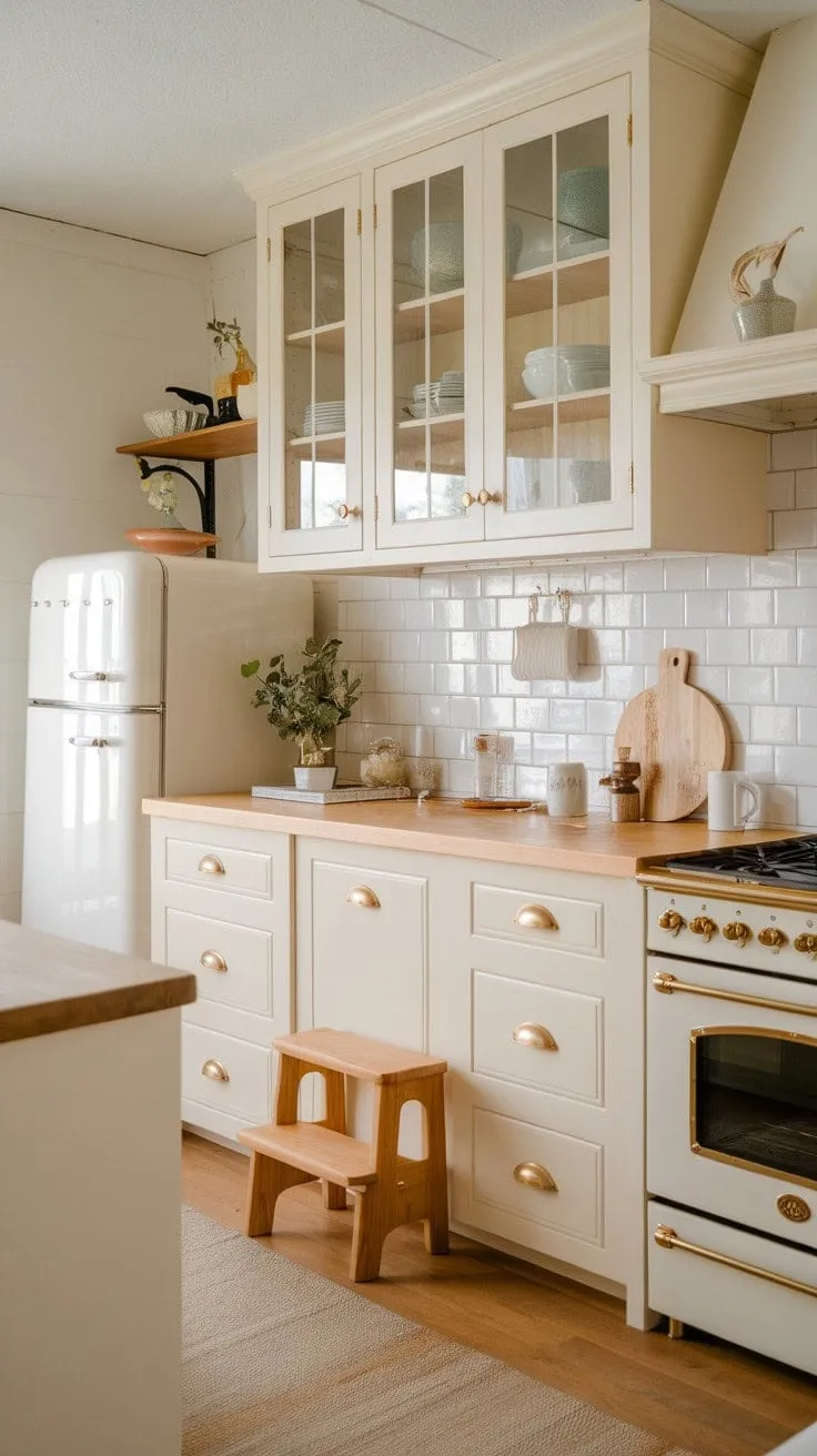 This charming beach house kitchen blends coastal tranquility with modern luxury, featuring cream cabinets, gold accents, and a rustic wooden step stool for a stylish yet serene atmosphere.