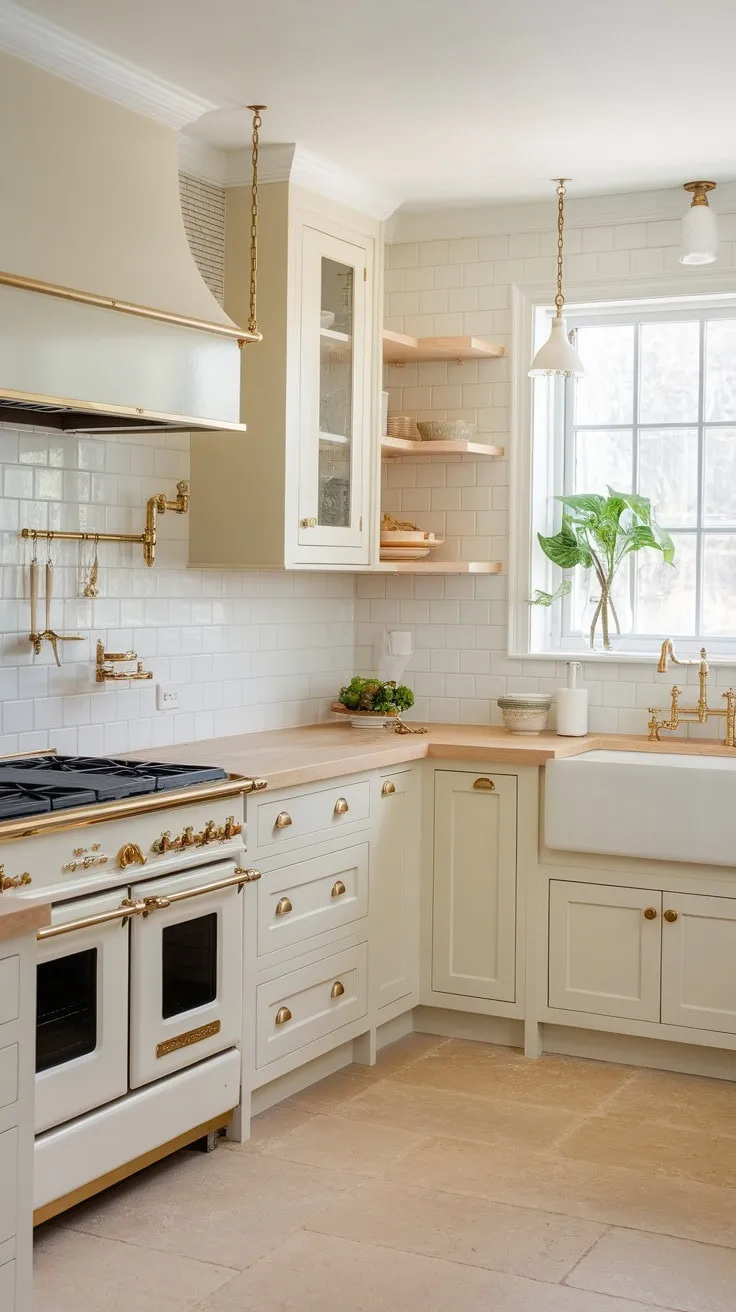 In a beautifully designed kitchen, light cream cabinets shimmer with gold accents, harmonizing a sophisticated neutral palette with warm wood and lively greenery.