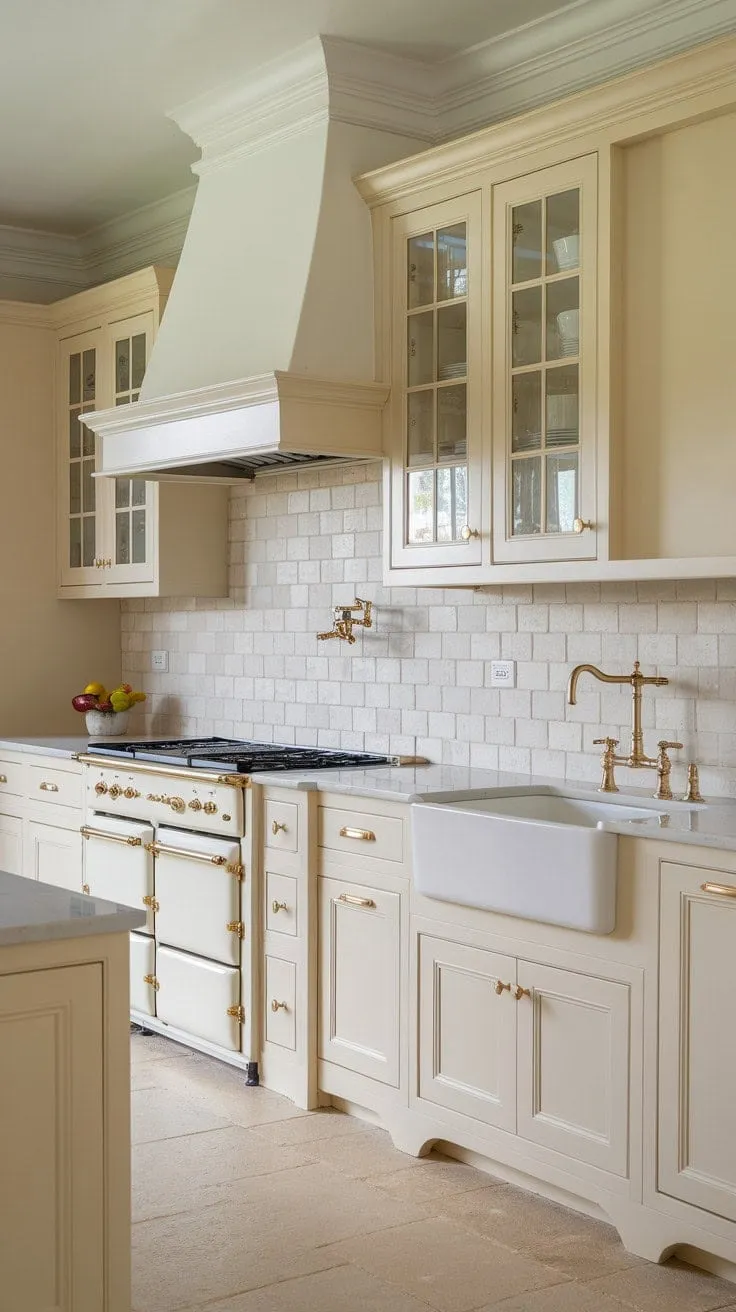 This kitchen exudes subtle sophistication with creamy cabinetry, white countertops, and gold accents, crafting a timeless and tranquil atmosphere perfect for both beauty and functionality.