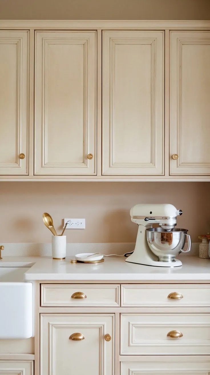In this serene kitchen sanctuary, creamy cabinets and gleaming gold hardware harmonize with soft beige walls and white accents, offering a perfect blend of warmth, sophistication, and modern functionality.