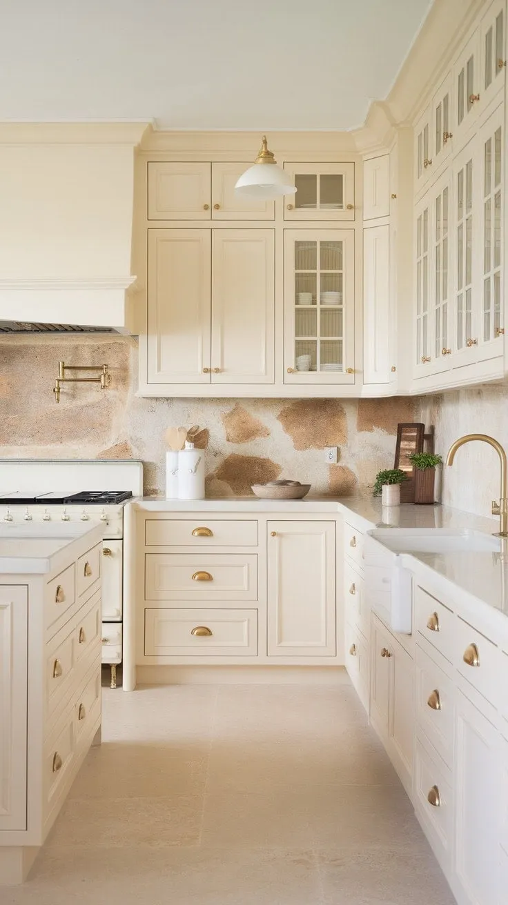 This neutral kitchen blends soft cream cabinetry with gleaming gold accents and earthy tones, creating a serene sanctuary of understated luxury.