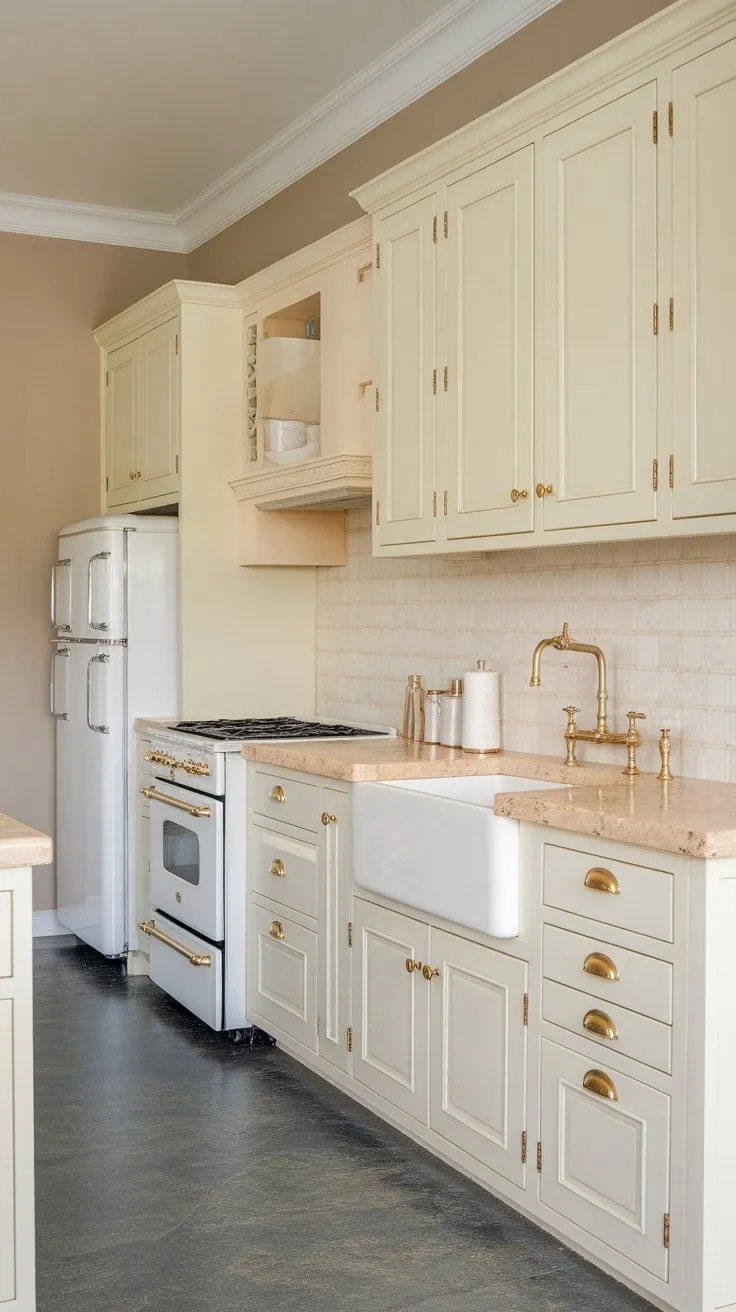This kitchen elegantly blends warmth and sophistication with creamy textures, gold accents, and a captivating interplay of light and shadow.