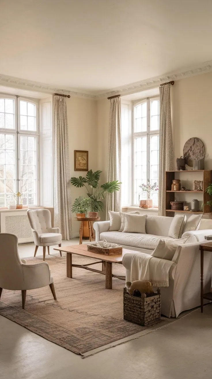 This sunlit farmhouse living room, adorned with French décor and cozy seating, exudes a tranquil charm that invites relaxation.