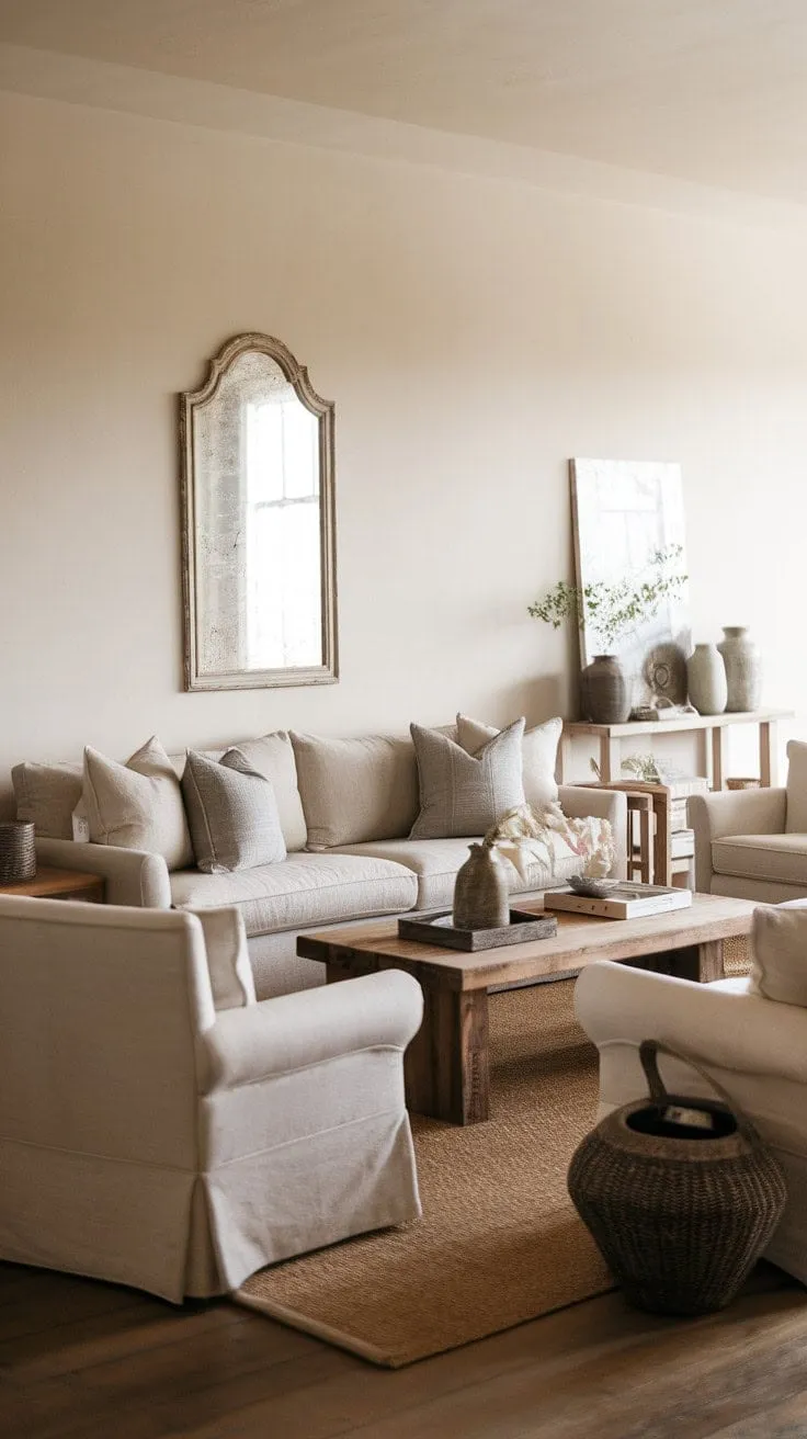 Bathed in sunlight, this serene living room harmoniously combines cozy farmhouse charm with timeless elegance through its warm tones and vintage accents.