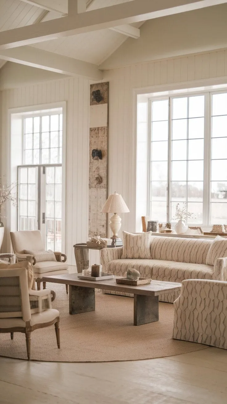 In this vintage-modern farmhouse living room, a harmonious blend of neutral tones, natural light, and curated decor creates a serene retreat that beautifully balances rustic charm with contemporary elegance.