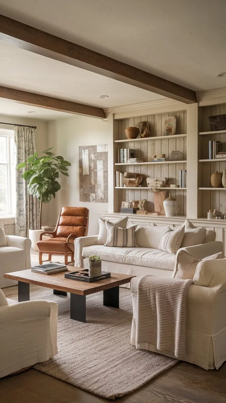 Bathed in sunlight, this serene living room harmoniously fuses farmhouse charm with mid-century modern flair, creating an inviting sanctuary of calm elegance.
