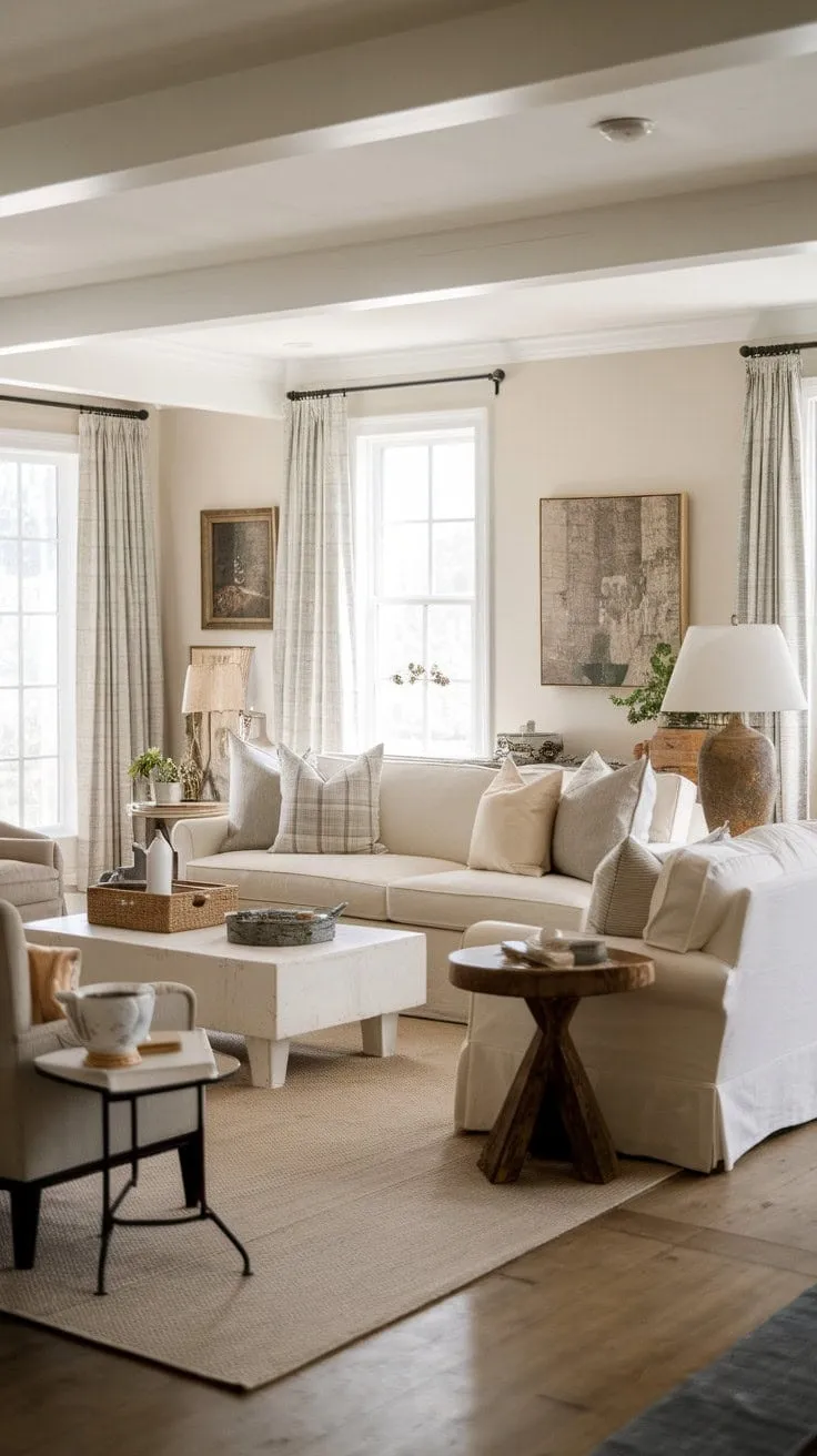 This serene farmhouse living room, adorned with a creamy sofa and vintage modern accents, beckons you to indulge in tranquil moments of relaxation and reflection.