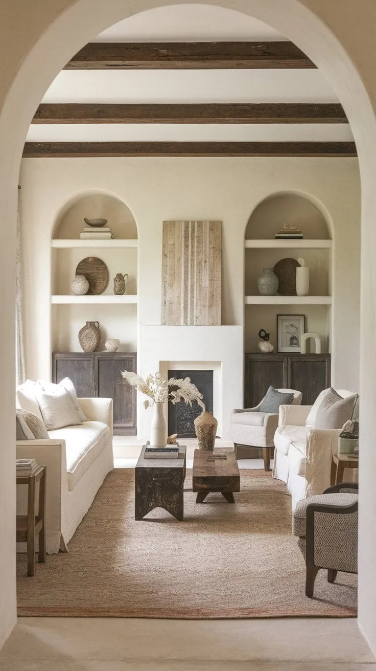 Sunlight bathes the serene French farmhouse living room in creamy textures and dark wood accents, where a vintage rug anchors the effortlessly elegant blend of Mediterranean charm and cozy warmth.