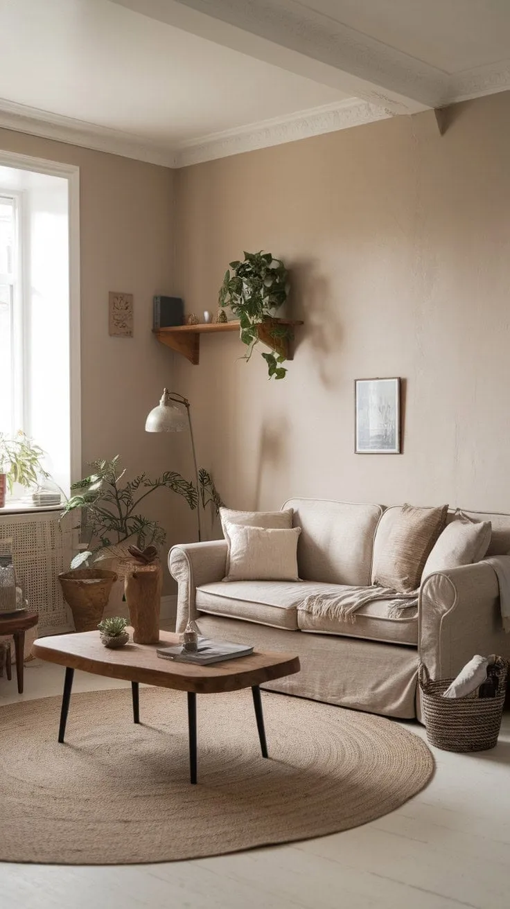 Bathed in sunlight, this cozy farmhouse living room blends warm textures and curated details, creating an inviting haven for quiet evenings and heartfelt conversations.