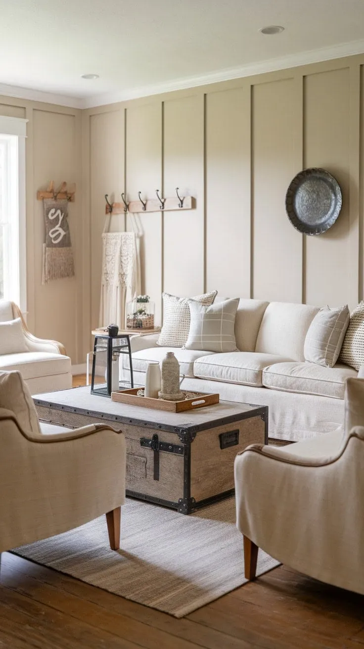 Bathed in sunlight, this serene farmhouse living room blends creamy comfort with rustic charm, creating an inviting oasis of effortless style and tranquility.