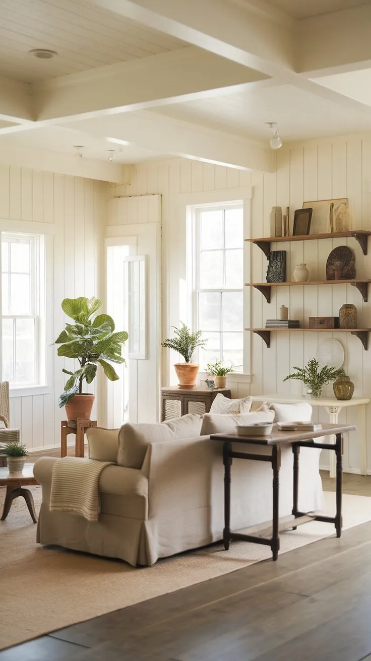 With its beige sofa, vintage wooden table, and potted plants, this neutral living room embodies the essence of a cozy family room infused with French farmhouse decor.