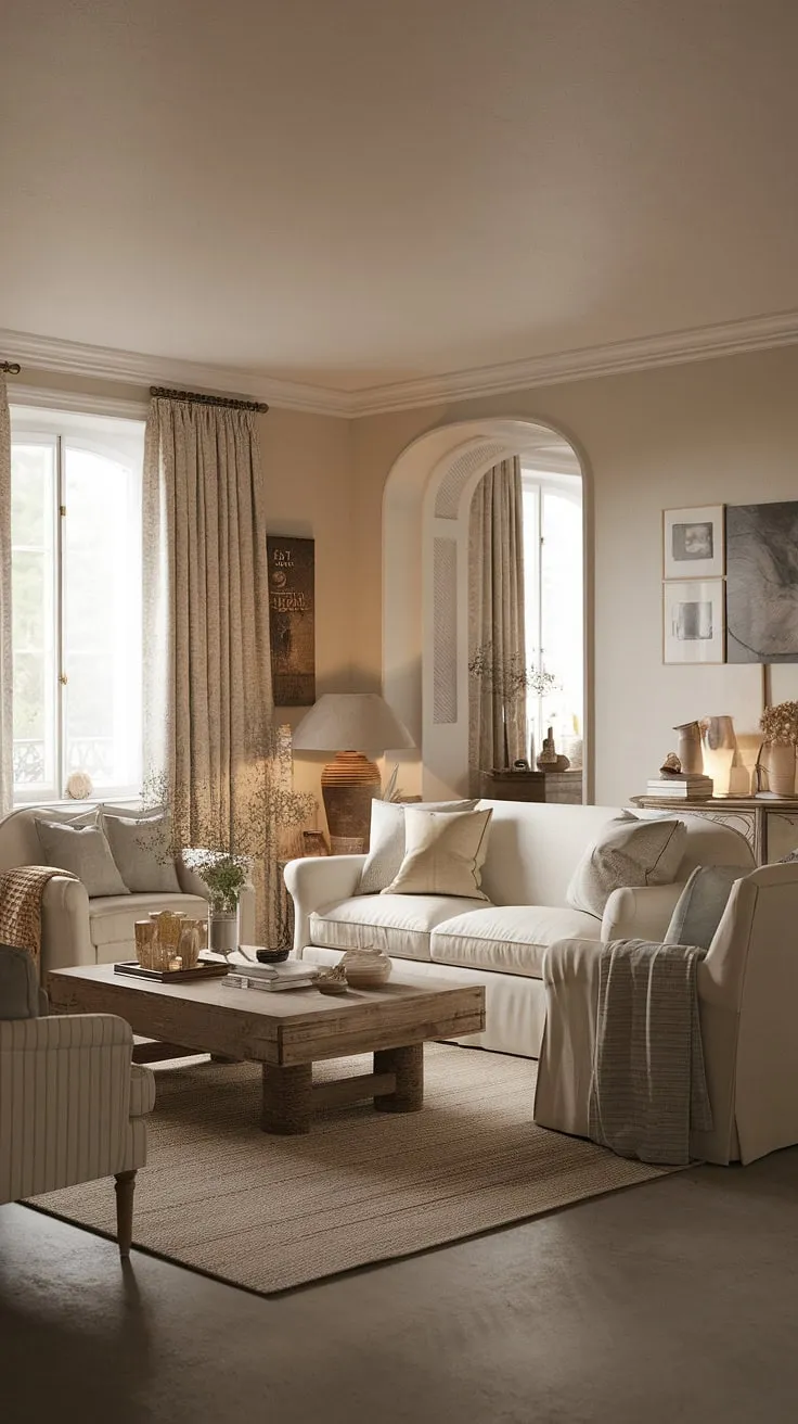 This modern living room blends French farmhouse decor with vintage elements, showcasing cream-colored furnishings and a cozy family room vibe.