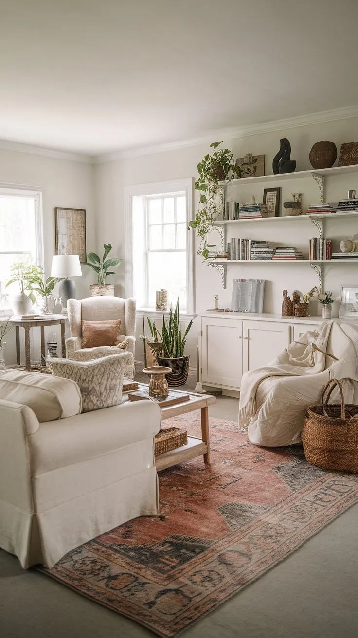 This cozy farmhouse living room features a neutral color palette with cream-colored furniture, vintage decor, and plants, creating a dream space for relaxation.