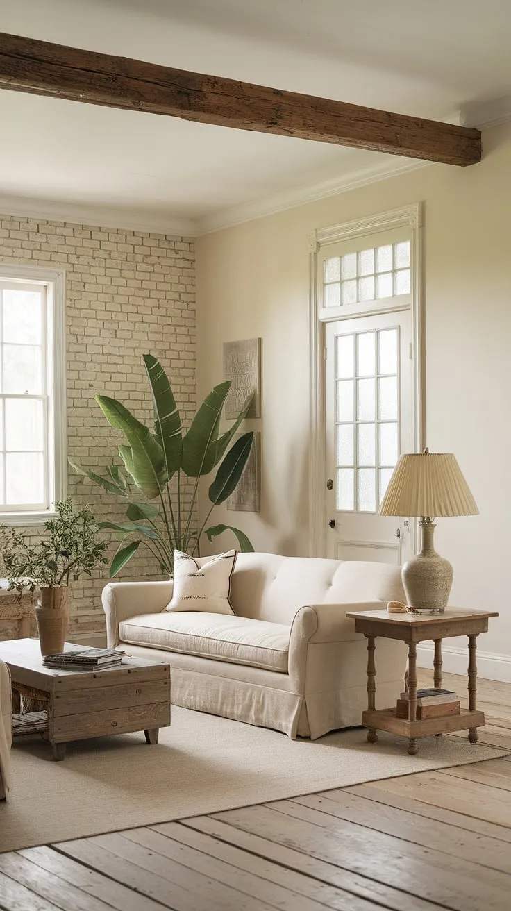 With its rustic wooden beams and vintage accents, this modern living room embodies the charm of French farmhouse decor while offering cozy family room vibes.