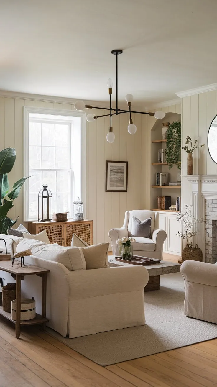 This cozy farmhouse living room features cream-colored walls, vintage modern decor, and a warm ambiance, making it the perfect dream space for family gatherings.