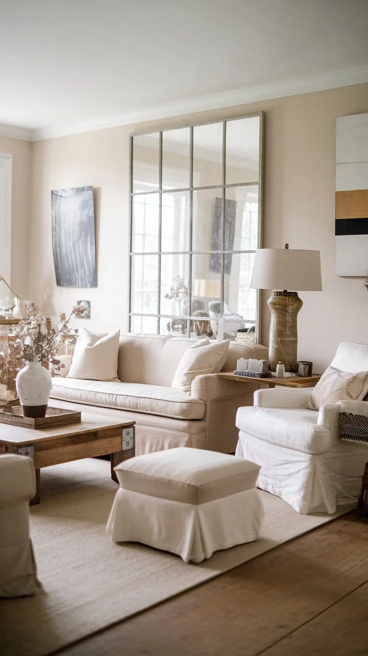 With its cream-colored accents and wooden elements, this modern living room embodies the charm of French farmhouse decor while offering cozy family room vibes.