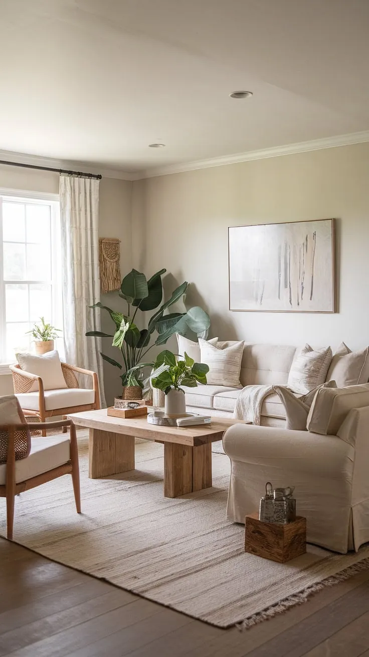 This neutral living room exudes a cozy farmhouse charm with its beige sofa, wooden coffee table, and potted plants, making it a perfect blend of vintage modern and Mediterranean decor ideas.