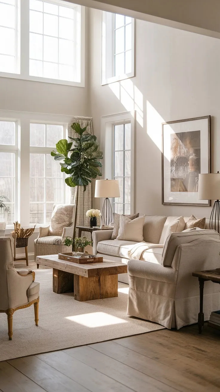 With its high ceiling, wooden planks, and inviting furnishings, this cream-colored living room perfectly blends vintage modern charm with cozy family room comfort.