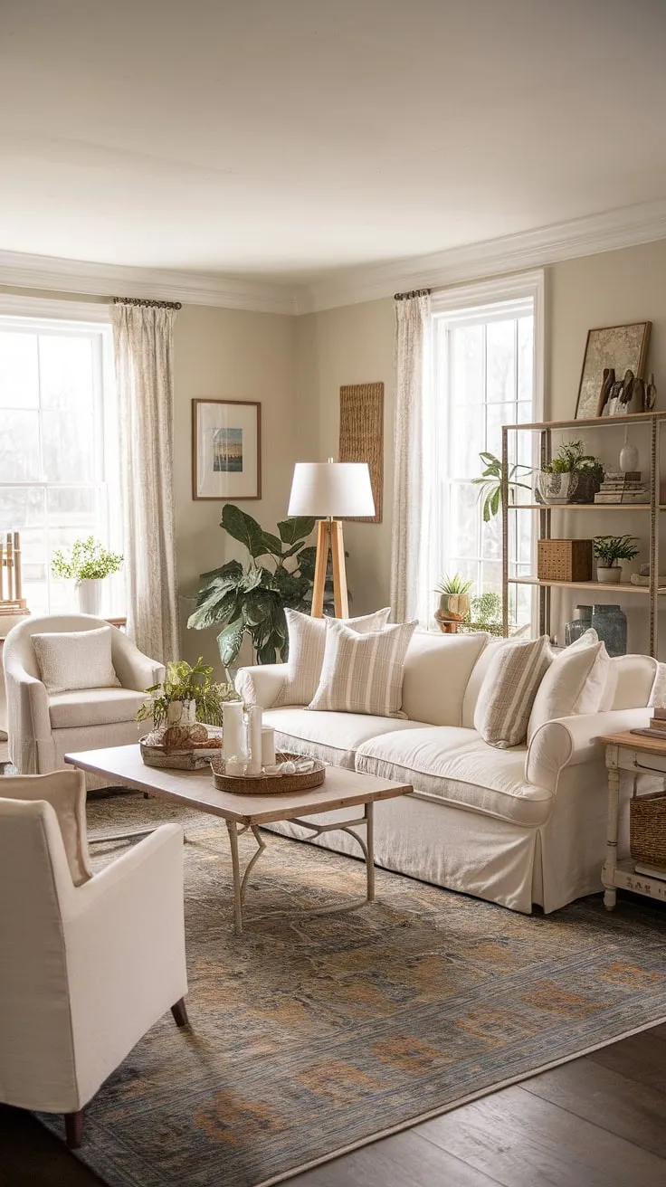 This neutral living room combines cozy farmhouse charm with cream-colored decor, vintage modern elements, and Mediterranean patterns, creating a dream family space adorned with French farmhouse accents.