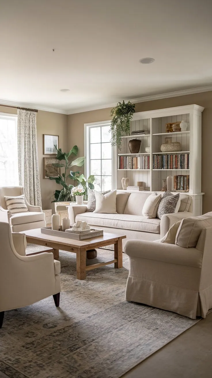 This neutral living room exudes a cozy farmhouse vibe with its beige sofa, vintage modern decor, and soft lighting, making it a dream space for family gatherings.