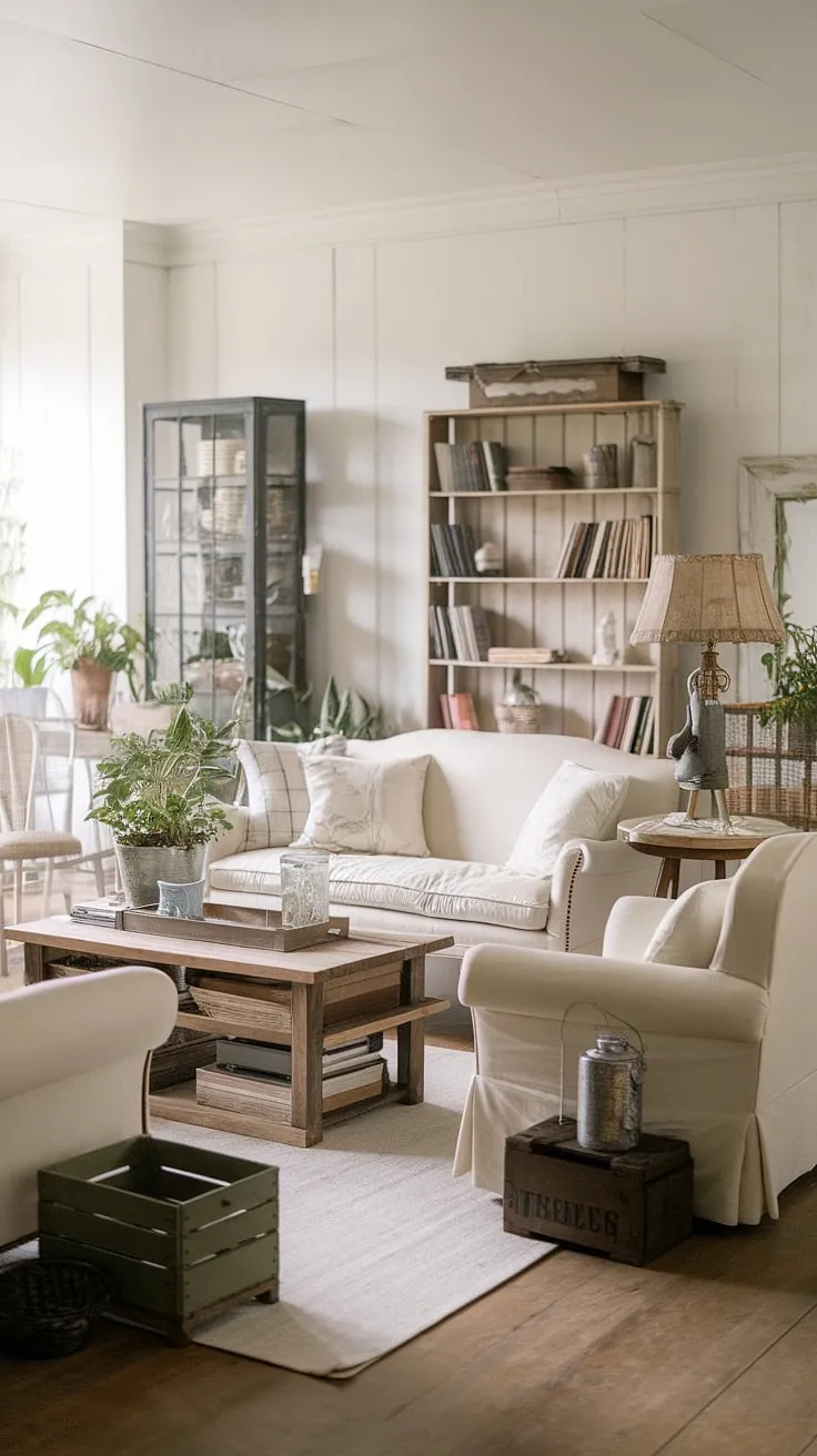 This cozy farmhouse living room features a neutral palette with cream-colored furniture, vintage modern accents, and rustic decor, creating a dream family space.