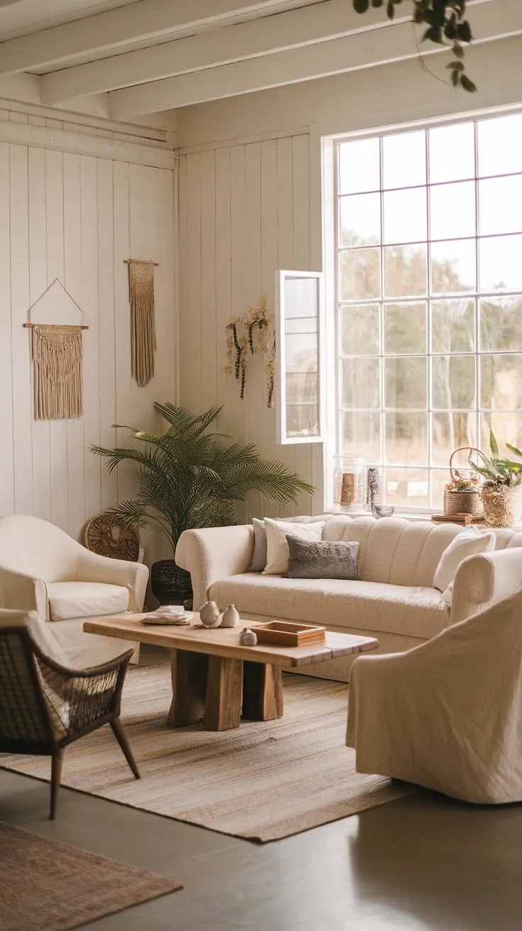 This cozy farmhouse living room features a neutral palette with cream-colored walls and vintage modern decor, creating a dream space that blends Mediterranean charm with modern comfort.