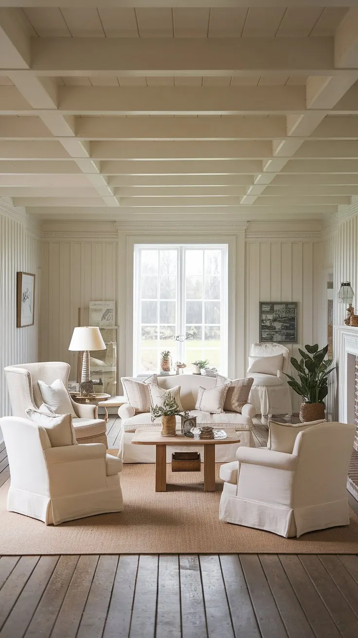 With its cream-colored decor, wooden flooring, and vintage-modern touches, this cozy farmhouse living room offers a tranquil retreat that beautifully blends modern and rustic styles.