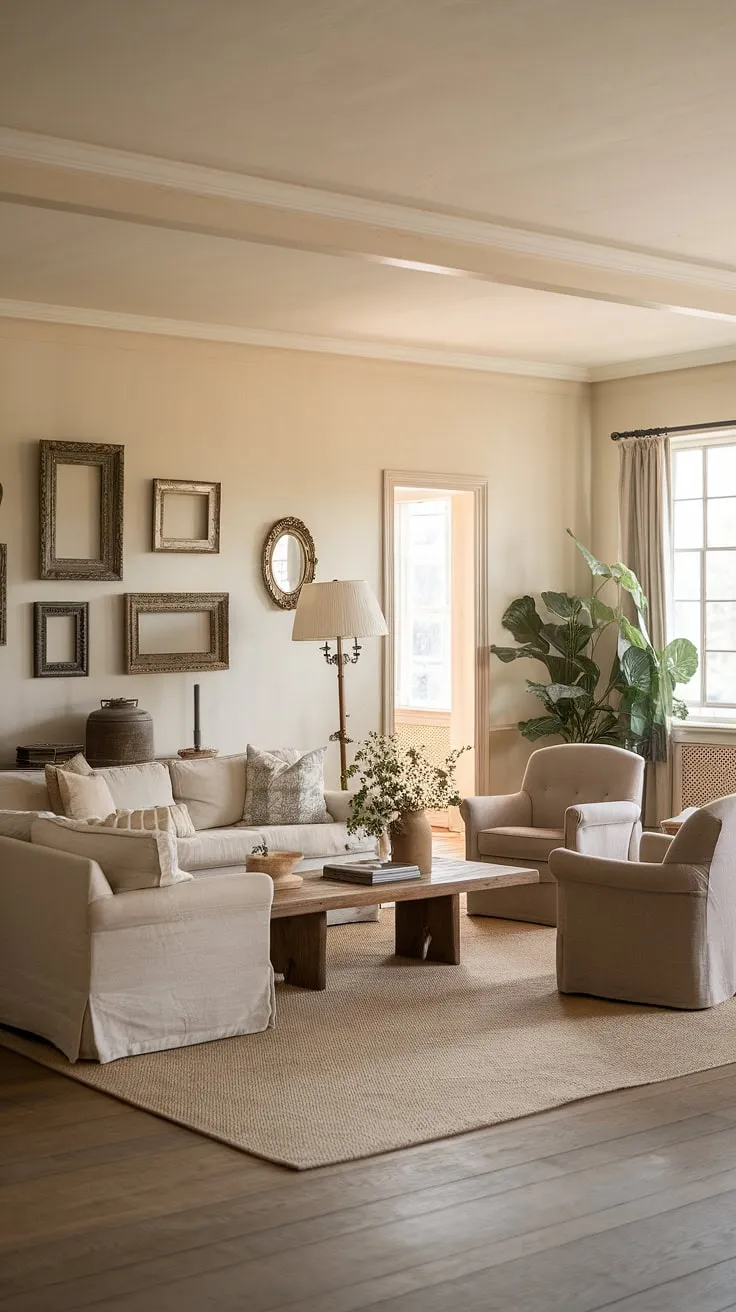 This cozy farmhouse living room features a neutral cream palette, vintage-modern decor, and warm lighting, creating a dream space for family gatherings.