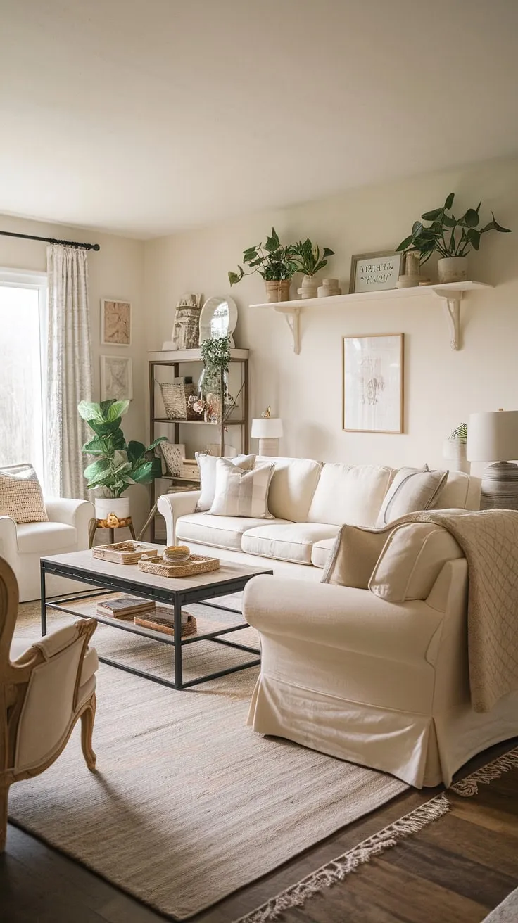 Featuring French farmhouse elements and a cozy family room vibe, this inviting living room showcases cream-colored ideas that inspire a tranquil atmosphere.