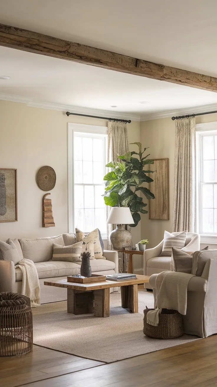 With its beige sofa, wooden accents, and charming decor, this cozy farmhouse living room perfectly blends cream-colored elegance and vintage modern style for a welcoming family retreat.
