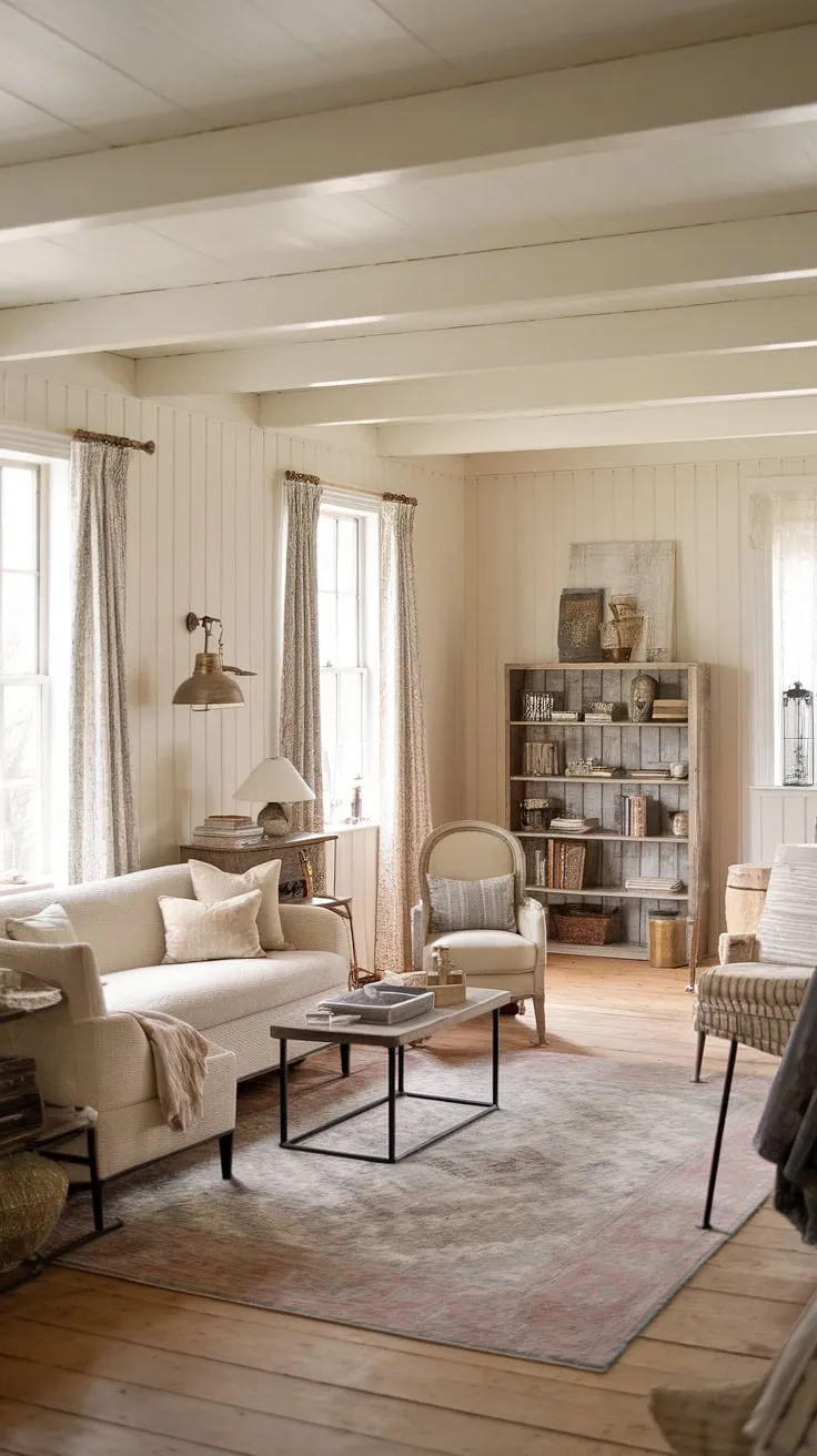 This cozy farmhouse living room features a cream-colored palette with vintage modern decor, wooden elements, and rustic accents, creating a dream space filled with warmth and charm.