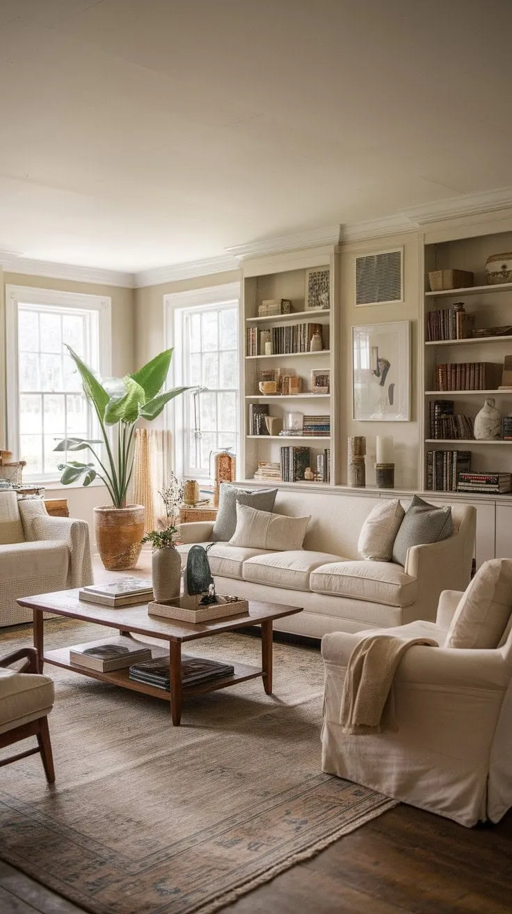 This tranquil farmhouse living room harmoniously fuses vintage allure with modern elegance, creating a cozy yet sophisticated retreat.