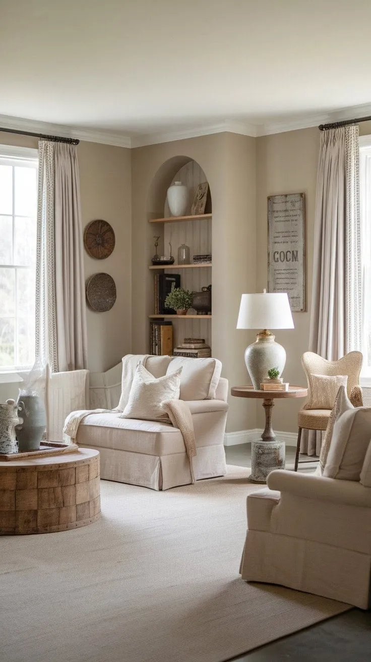 This living room beautifully blends vintage modern aesthetics with the warm charm of a French farmhouse, creating a serene sanctuary for relaxation and reflection.