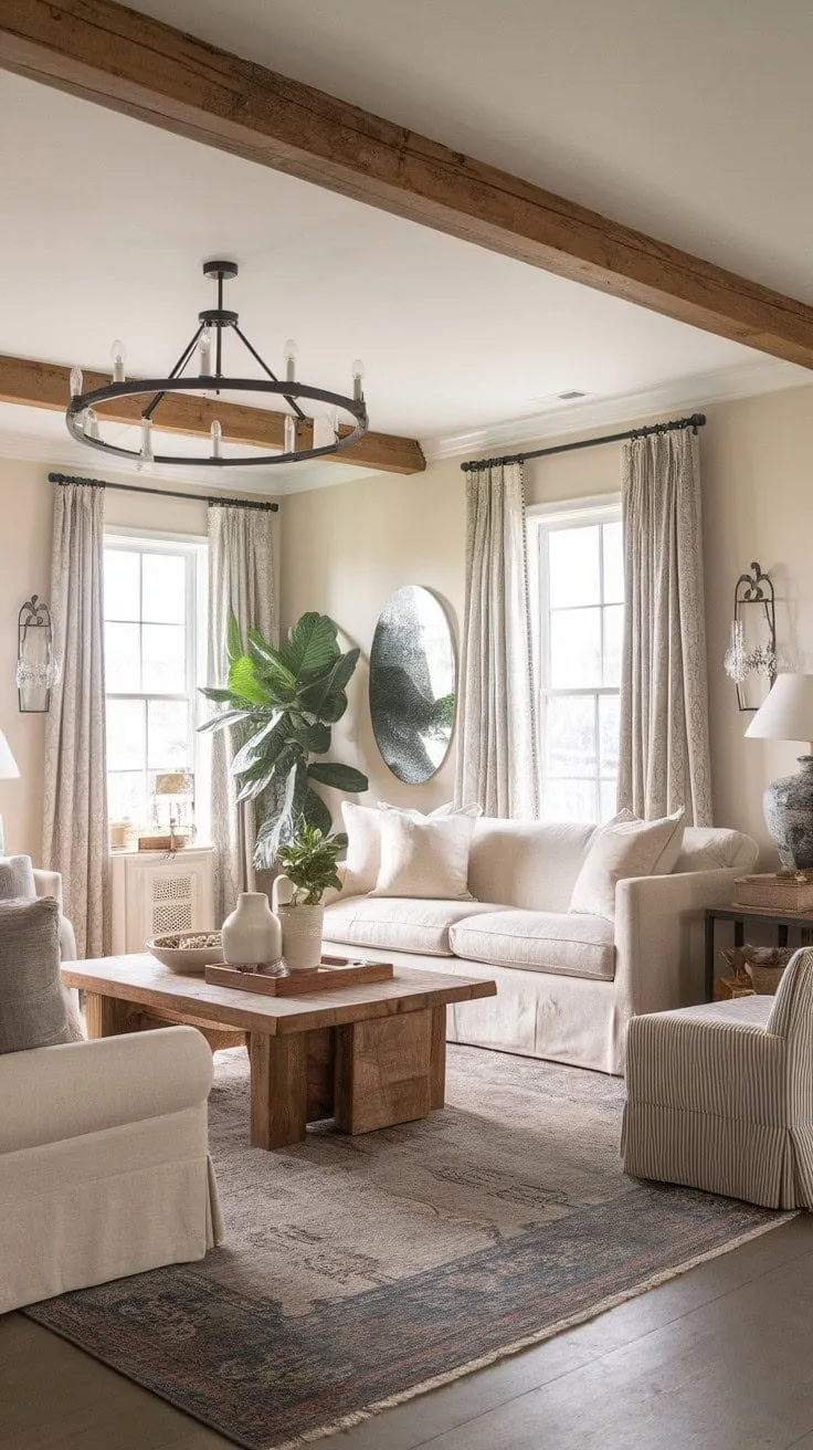 A serene farmhouse living room harmoniously fuses vintage modern elements with cozy charm, featuring cream walls, wooden beams, and inviting decor that beckons relaxation.