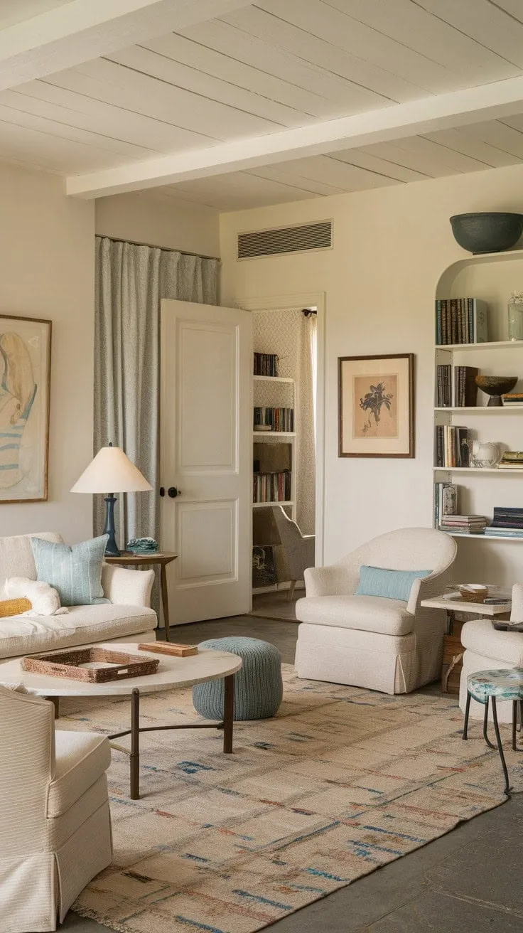 Bathed in sunlight, this serene farmhouse living room blends vintage charm with modern elegance, creating a tranquil retreat that beckons you to relax and stay awhile.