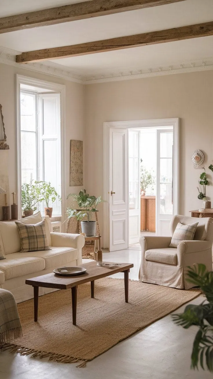 Sunlight dances through French doors, revealing a vintage-modern living room where old-world charm meets contemporary comfort in a chic, inviting embrace.