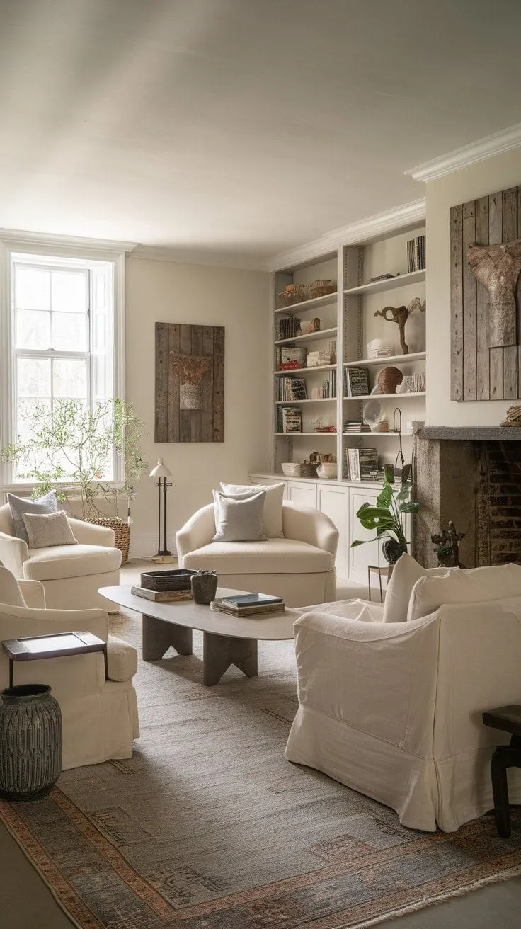 Sunlight dances through the window, highlighting the rustic charm of a cozy farmhouse living room adorned with a vintage rug, a warm fireplace, and a curated collection of books and art that invite serenity.