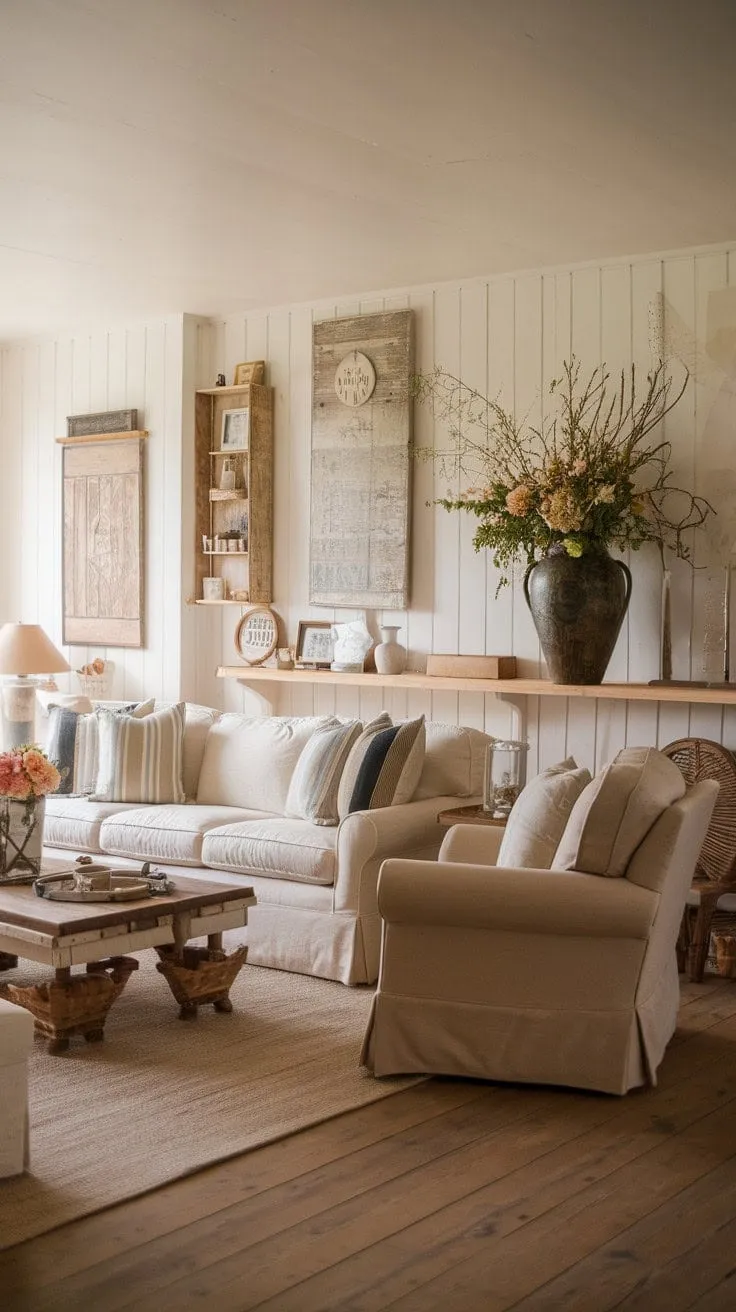 This serene farmhouse living room, bathed in soft light and adorned with cozy details, offers a tranquil sanctuary for cherished moments.