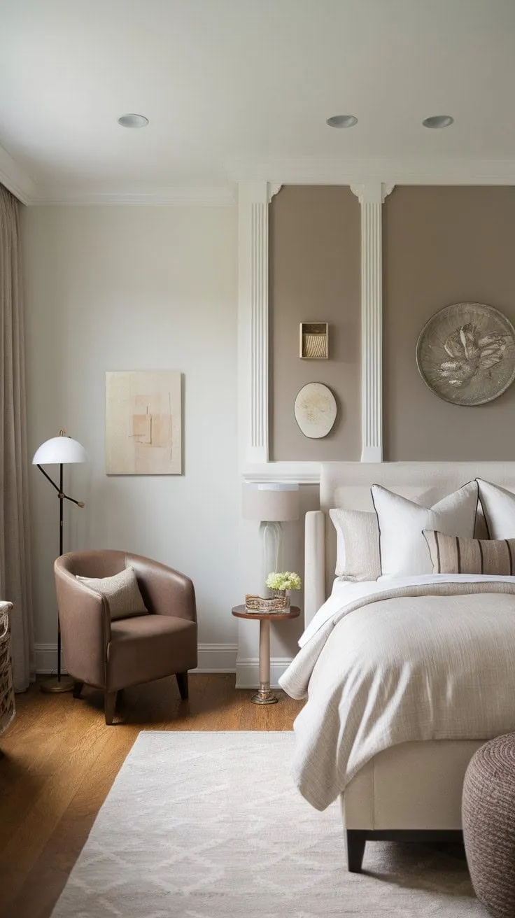 Experience serene tranquility in a master bedroom where calming taupe and white hues, soft textures, and curated art harmoniously blend modern design with cozy comfort.