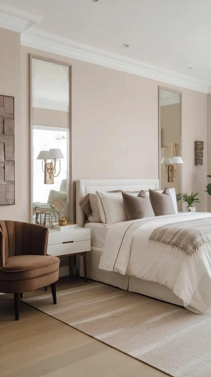 Discover a tranquil retreat in this serene master bedroom, where a soothing taupe and white palette meets warm brown accents for the ultimate cozy escape.
