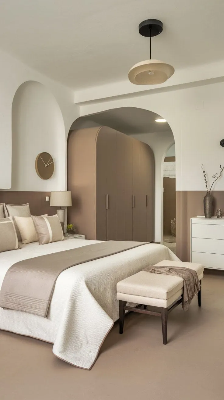 Discover a tranquil sanctuary in this elegantly designed master bedroom, where soothing taupe and white hues invite relaxation and rejuvenation.