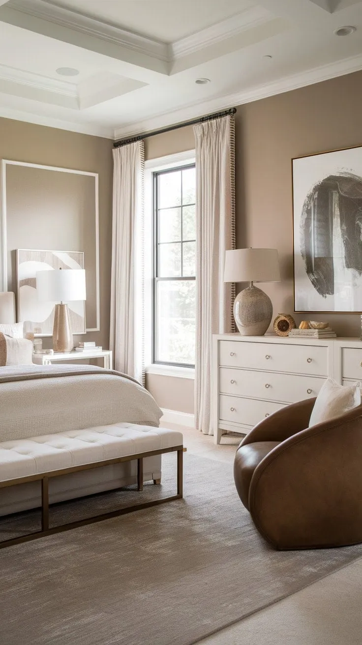Discover tranquility in this modern minimalist bedroom, where soothing neutral tones and soft lighting create a sophisticated retreat for relaxation and rejuvenation.