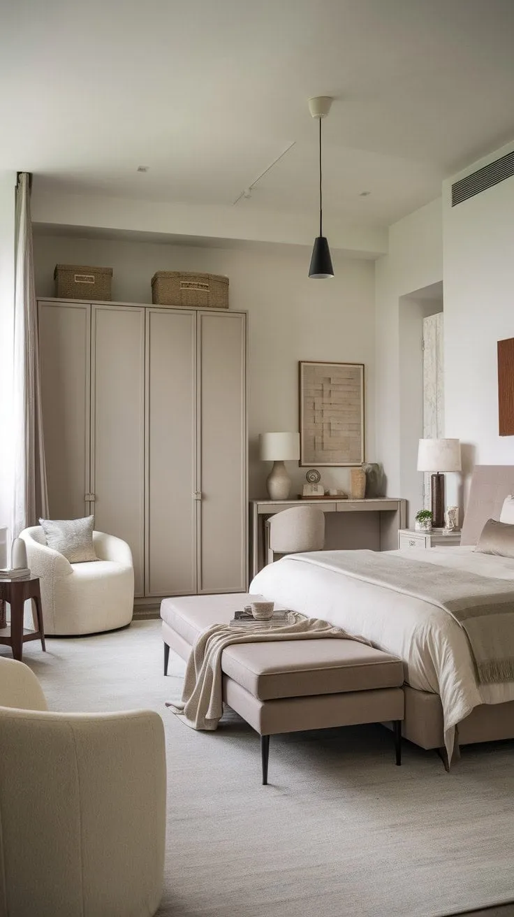 This master bedroom blends taupe and white tones to create a sophisticated sanctuary, featuring a king-size bed and cozy reading chair for serene nights and tranquil mornings.