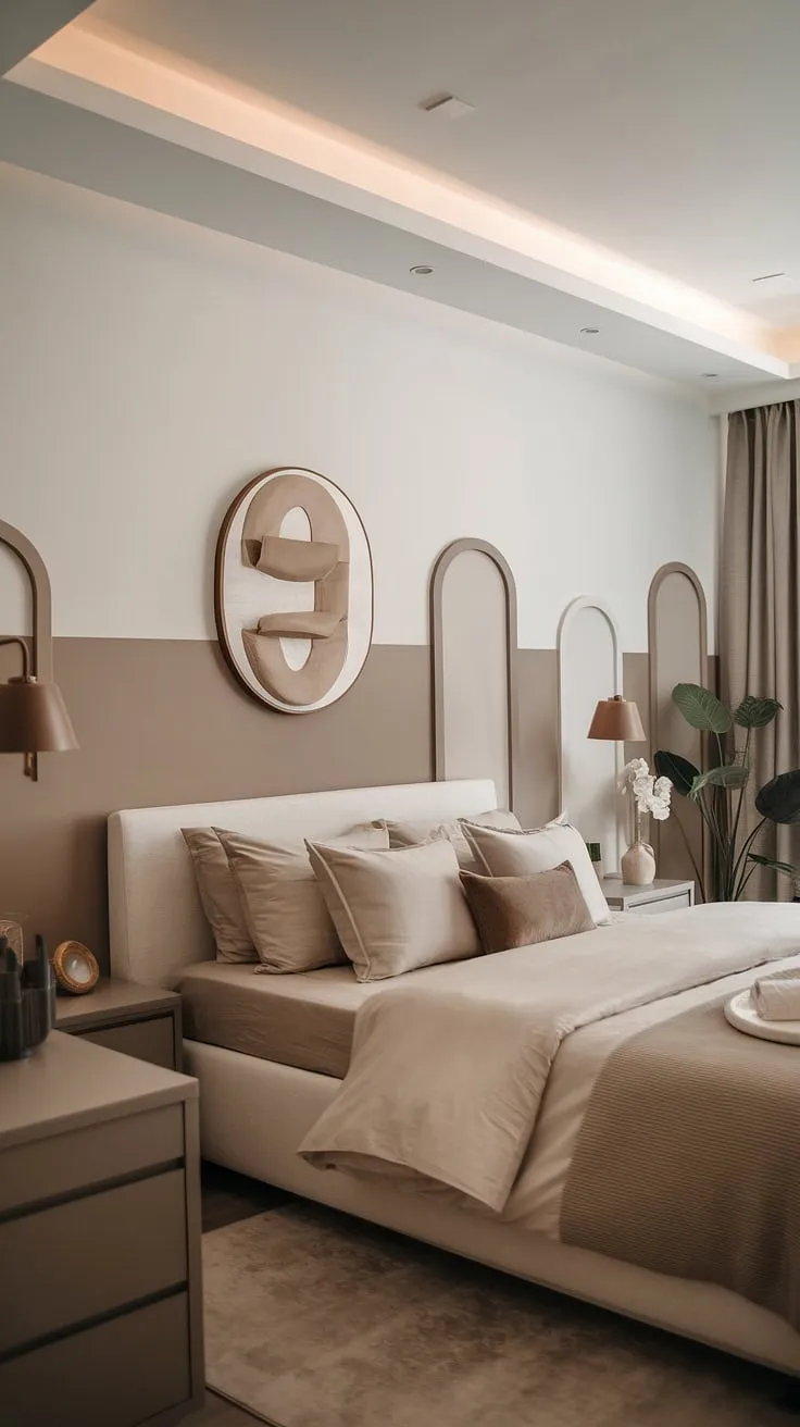 This modern cozy master bedroom features relaxing neutral decor in a white and taupe palette with brown accents, creating a comfy atmosphere enhanced by neutral bedding and stylish furnishings.
