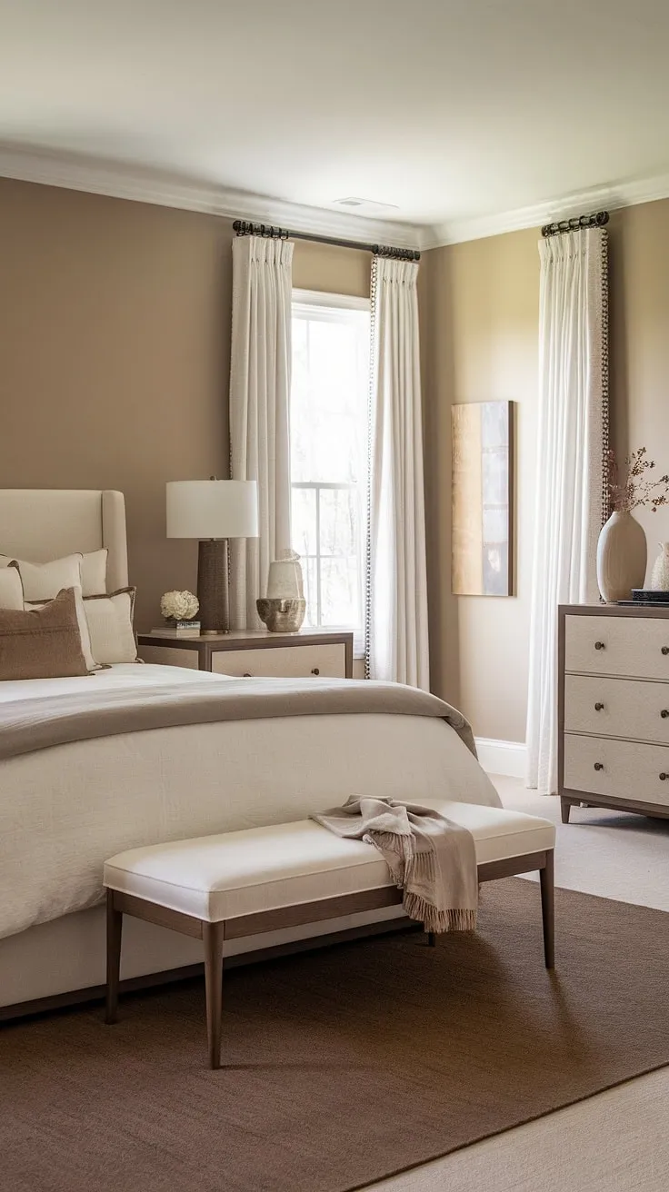 The room's soft beige walls and carefully curated brown neutral bedroom decor create a harmonious atmosphere perfect for restful relaxation.