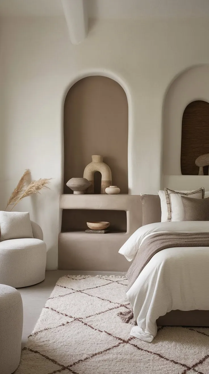 The modern cozy bedroom decor showcases a calming atmosphere with neutral bedroom ideas, including white and taupe tones, plush rugs, and brown accents for a comfy and inviting space.