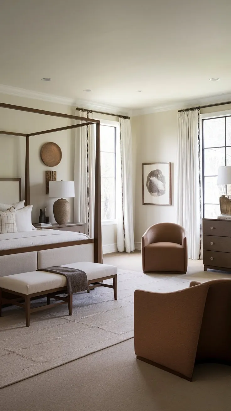 This modern cozy master bedroom features relaxing neutral decor with white and taupe tones, comfy brown furniture, and neutral bedding, creating a perfect sanctuary for rest.
