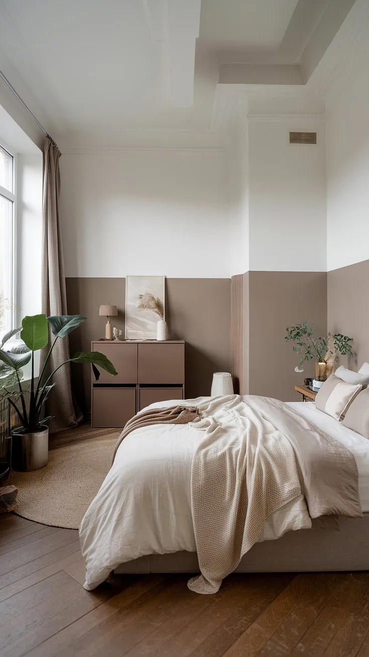 The inviting master bedroom showcases a blend of white and taupe decor with neutral bedding and a brown storage unit, perfect for a tranquil and cozy retreat.