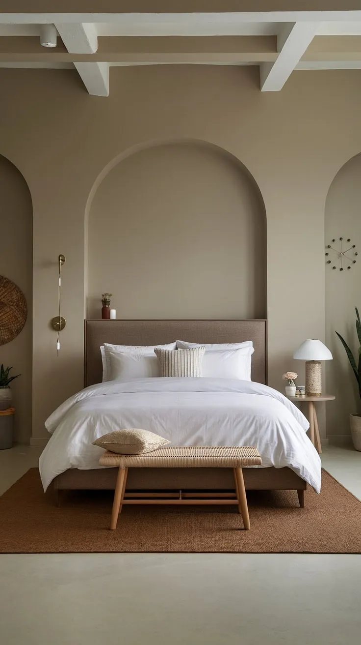 This neutral master bedroom decor combines relaxing white and taupe tones with comfy brown accents, creating a modern cozy atmosphere perfect for restful nights.