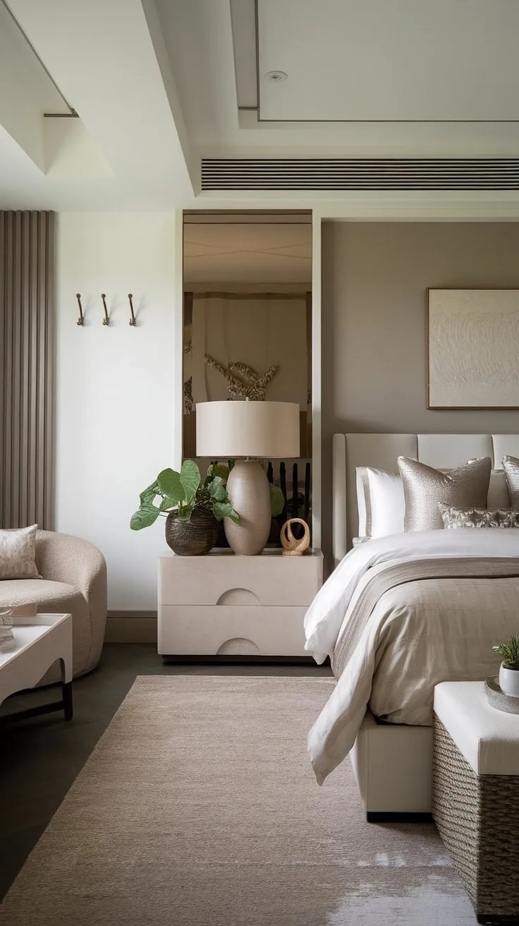 The neutral master bedroom decor combines white, taupe, and brown elements for a tranquil and inviting space, perfect for a restful retreat.